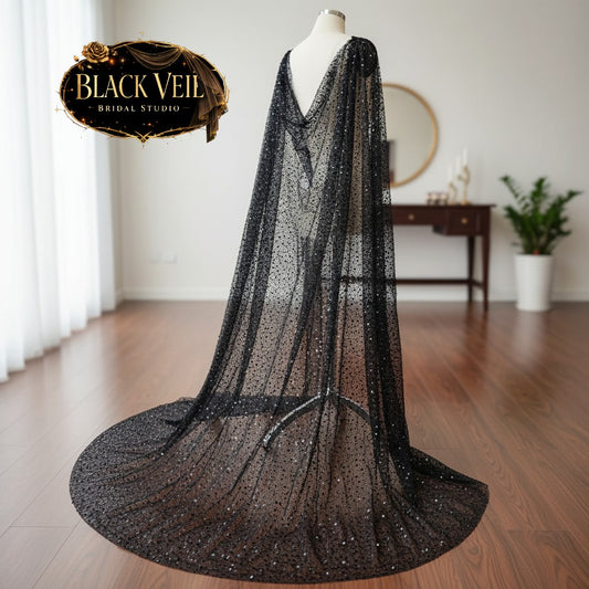 Black Beaded Shoulder Veil With Sequin