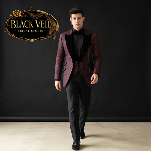 Burgundy & Black Jacquard Wedding Suit