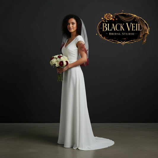 Dark Burgundy Lace Trimmed Tulle Wedding Veil With Comb