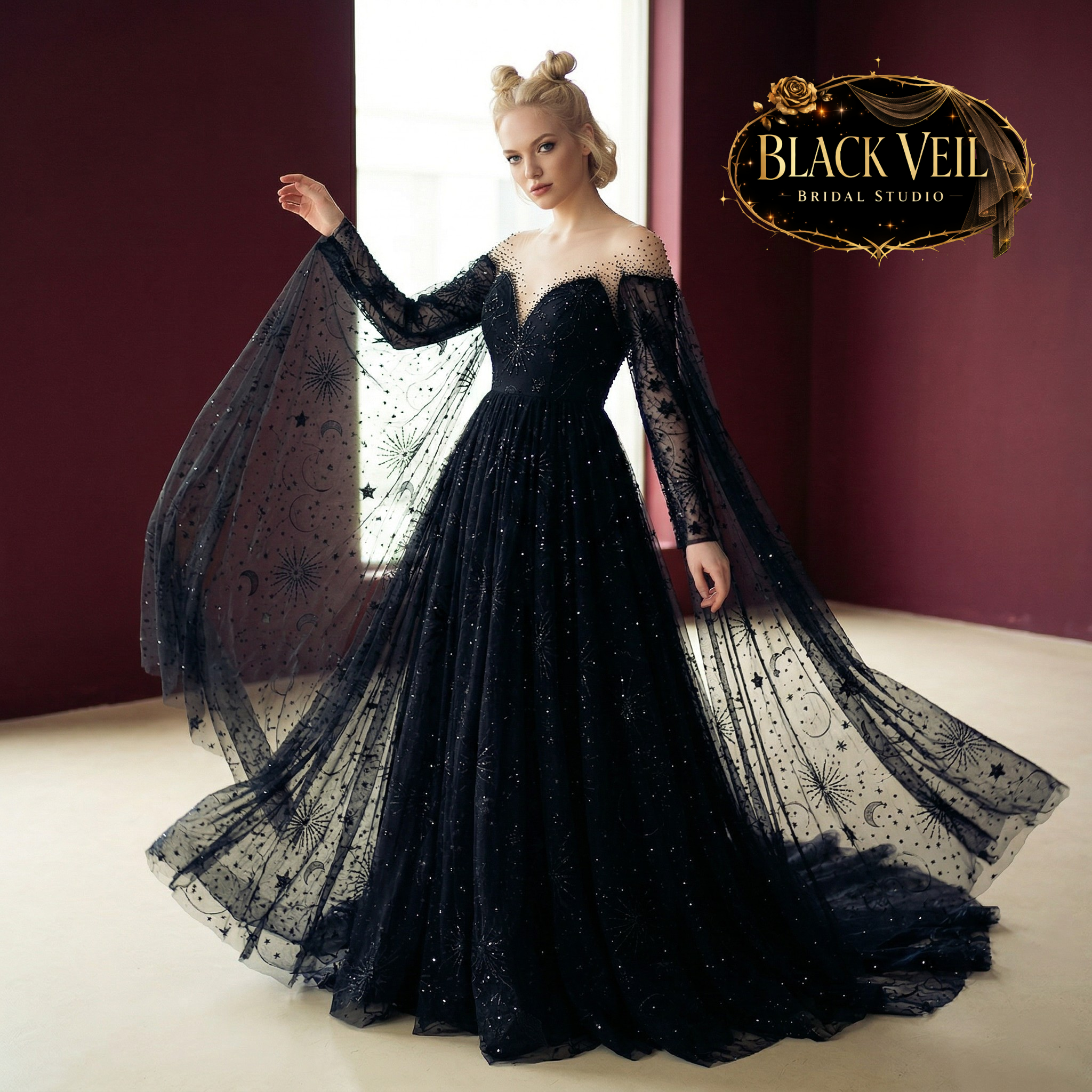 Estella Black Wedding Dress – Black Veil Bridal