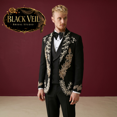 Luxury Black Jeweled 3pc Suit with Gold Embroidery