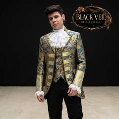 Royal Renaissance Men’s Suit – 3-Piece Gold Brocade Wedding & Formal Set