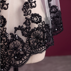 Black Sequined Lace Trimmed Wedding Veil Short With Comb