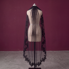 Black Pearls & Lace Wedding Veil With Comb