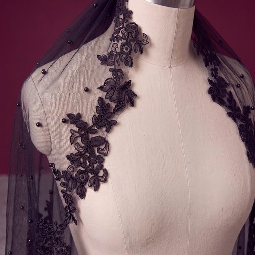 Black Pearls & Lace Wedding Veil With Comb