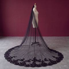 Cathedral Black Wedding Veil With Sequined Lace
