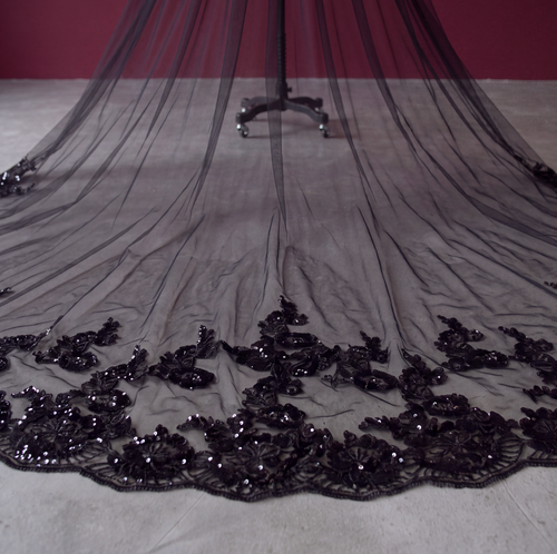 Cathedral Black Wedding Veil With Sequined Lace