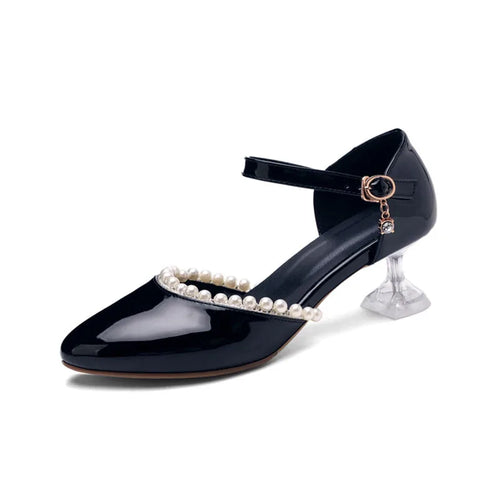 Patent Leather Bridal Pumps With Pearls & Transparent Heels
