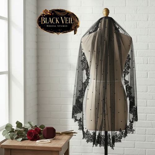 Black Pearls & Lace Wedding Veil With Comb