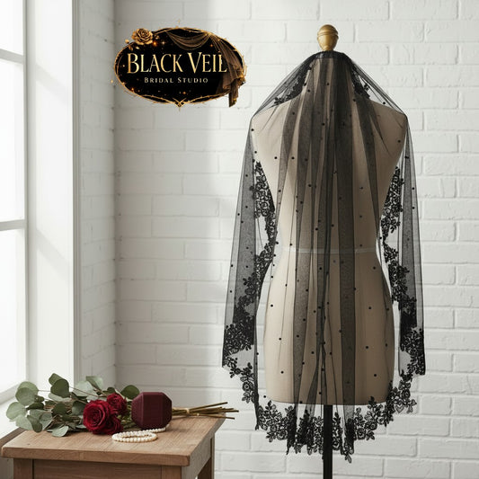 Black Pearls & Lace Wedding Veil With Comb