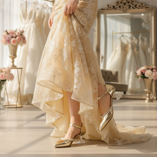 Patent Leather Bridal Pumps With Pearls & Transparent Heels