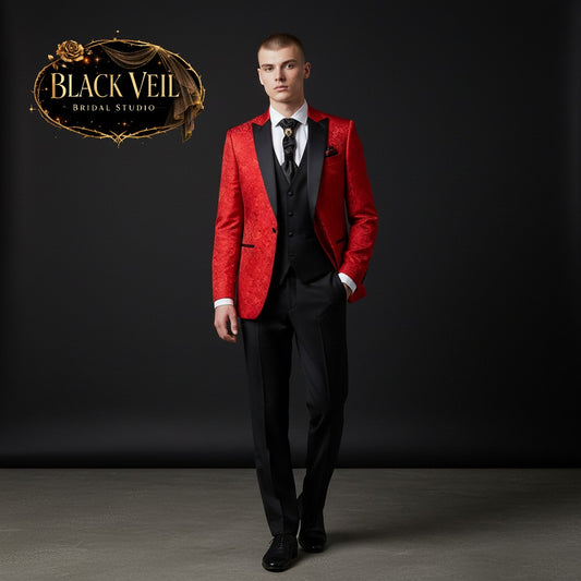 Men's 3pc Jacquard Suit In Red