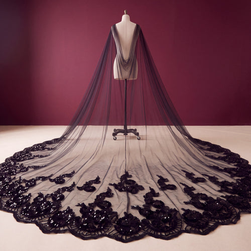 Black Sequined Shoulder Veil | Gothic Bridal Cape Veil