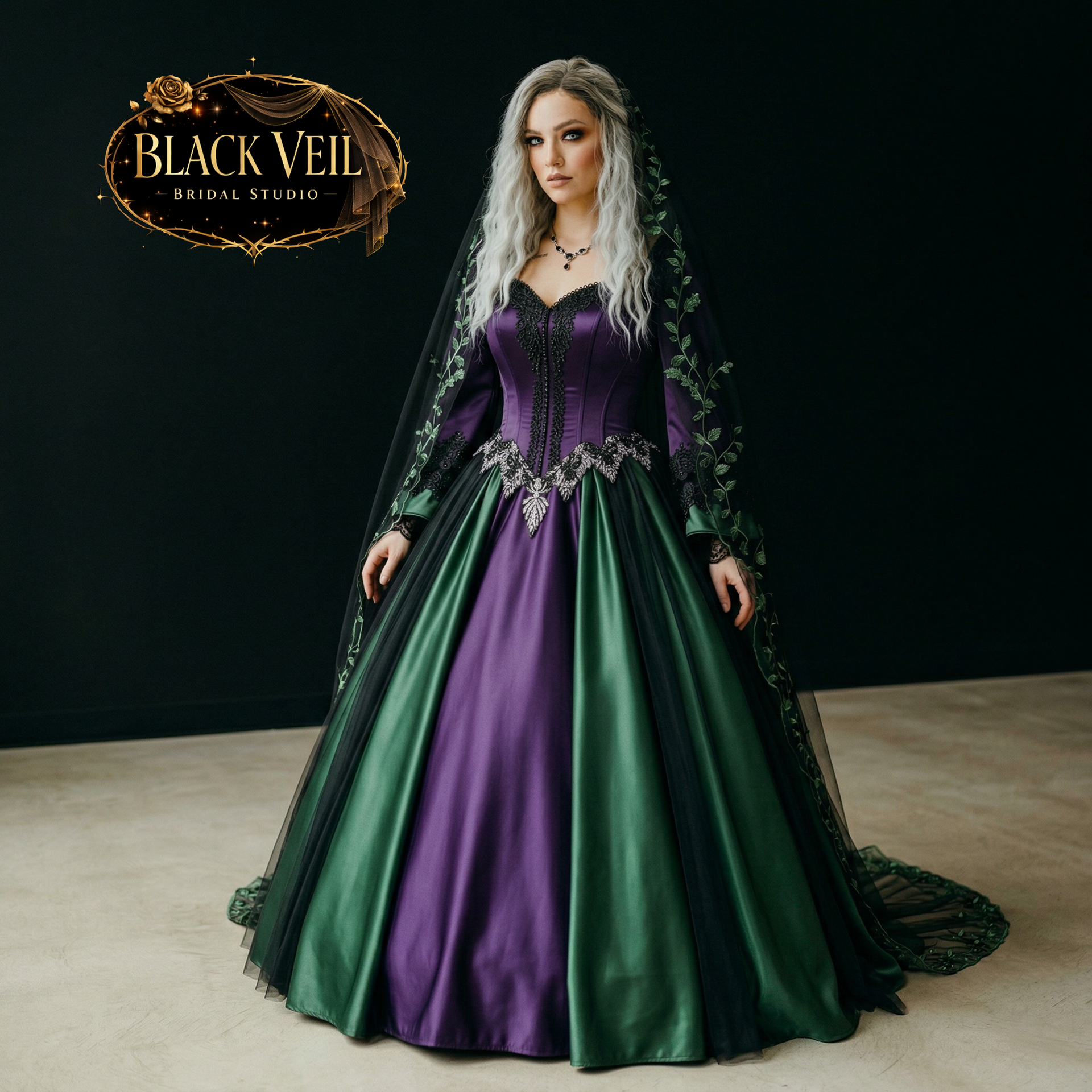 Artemisia Amethyst & Moss Wedding Dress With Vine Veil 16W