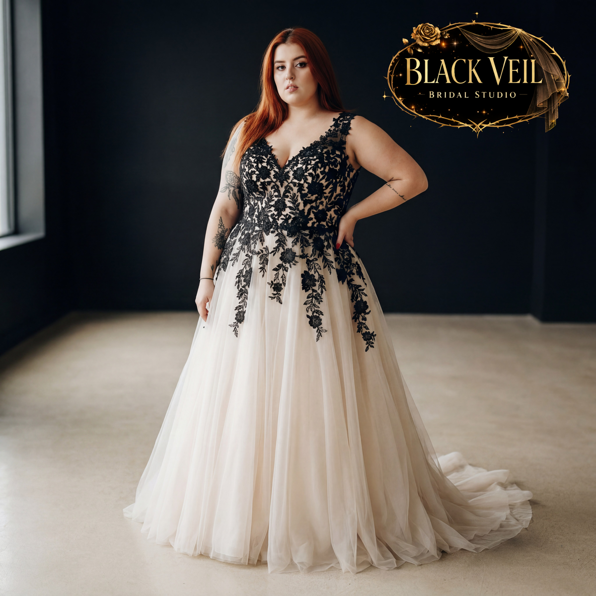 Aurora Black & Champagne Wedding Dress – Black Veil Bridal