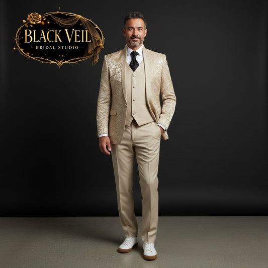 Men's 3pc Jacquard Suit In Beige