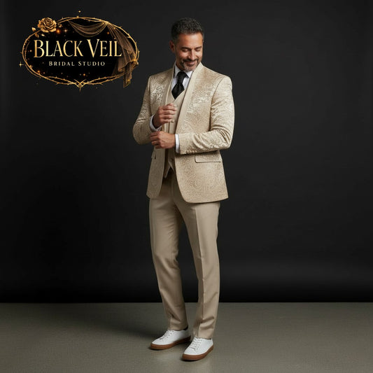 Men's 3pc Jacquard Suit In Beige