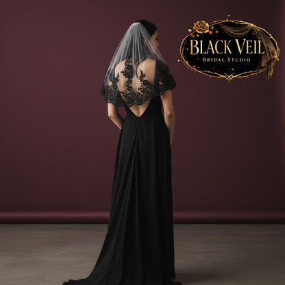 Black Sequined Lace Trimmed Wedding Veil Short With Comb