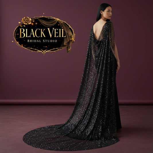 Black Beaded Shoulder Veil With Sequin