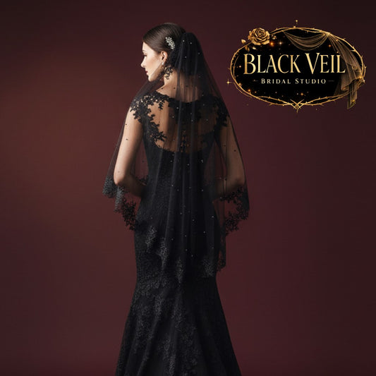 Black Pearls & Lace Wedding Veil With Comb