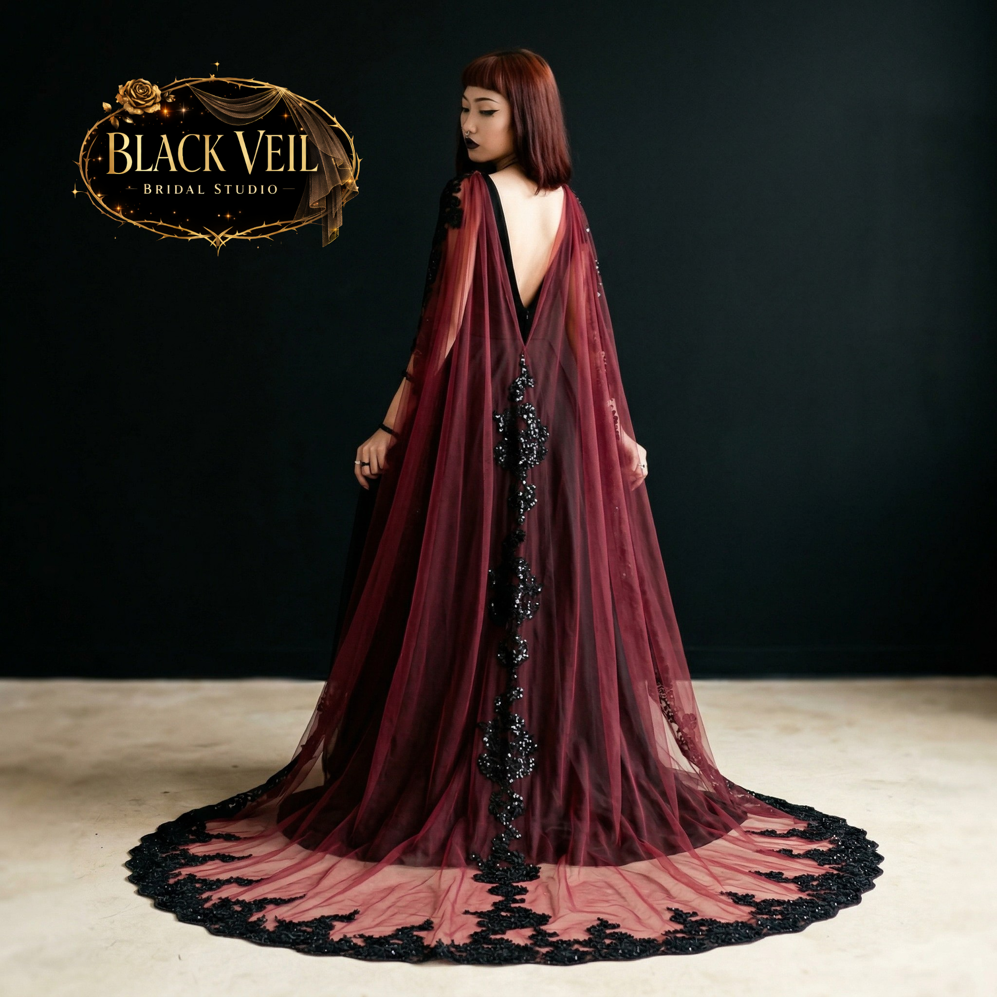Burgundy & Black Lace Shoulder Veil 350 cm