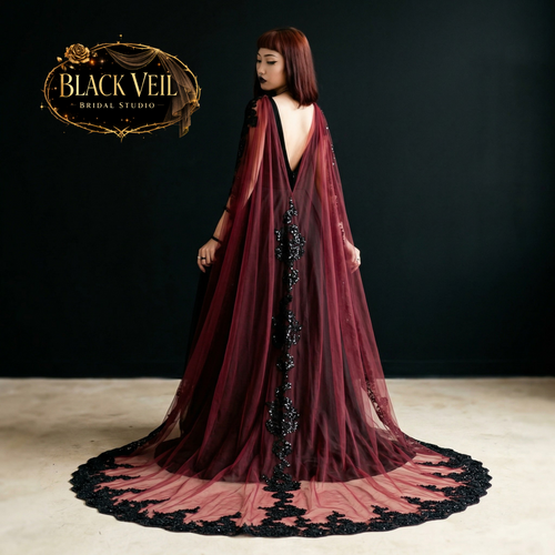 Burgundy & Black Lace Shoulder Veil