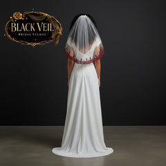 Dark Burgundy Lace Trimmed Tulle Wedding Veil With Comb