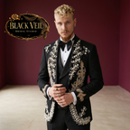 Luxury Black Jeweled 3pc Suit with Gold Embroidery