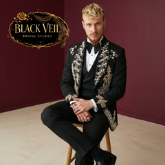 Luxury Black Jeweled 3pc Suit with Gold Embroidery