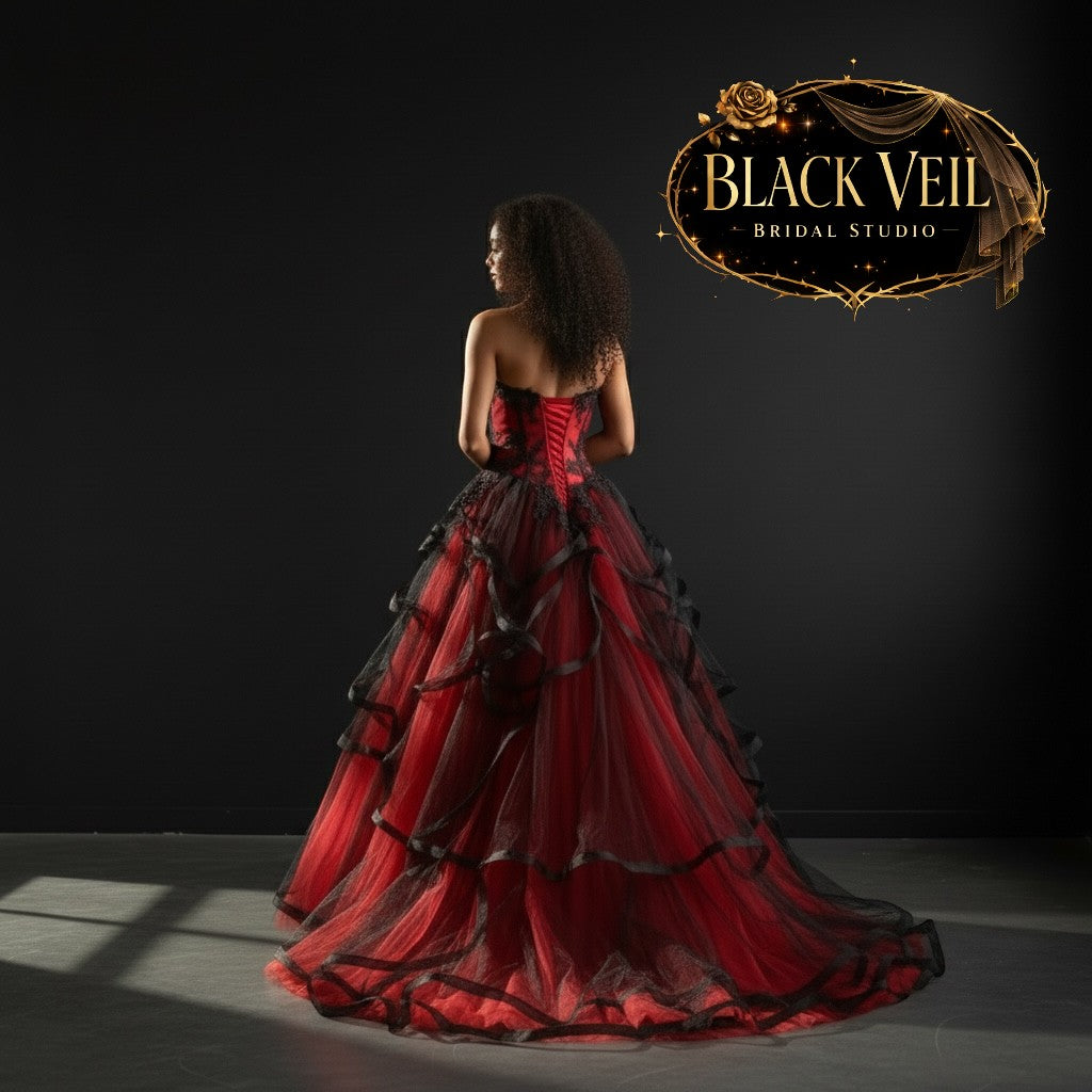 bridal red black wedding dress Hattie perfect for Halloween and gothic themed weddings ROSALIA red and black corset