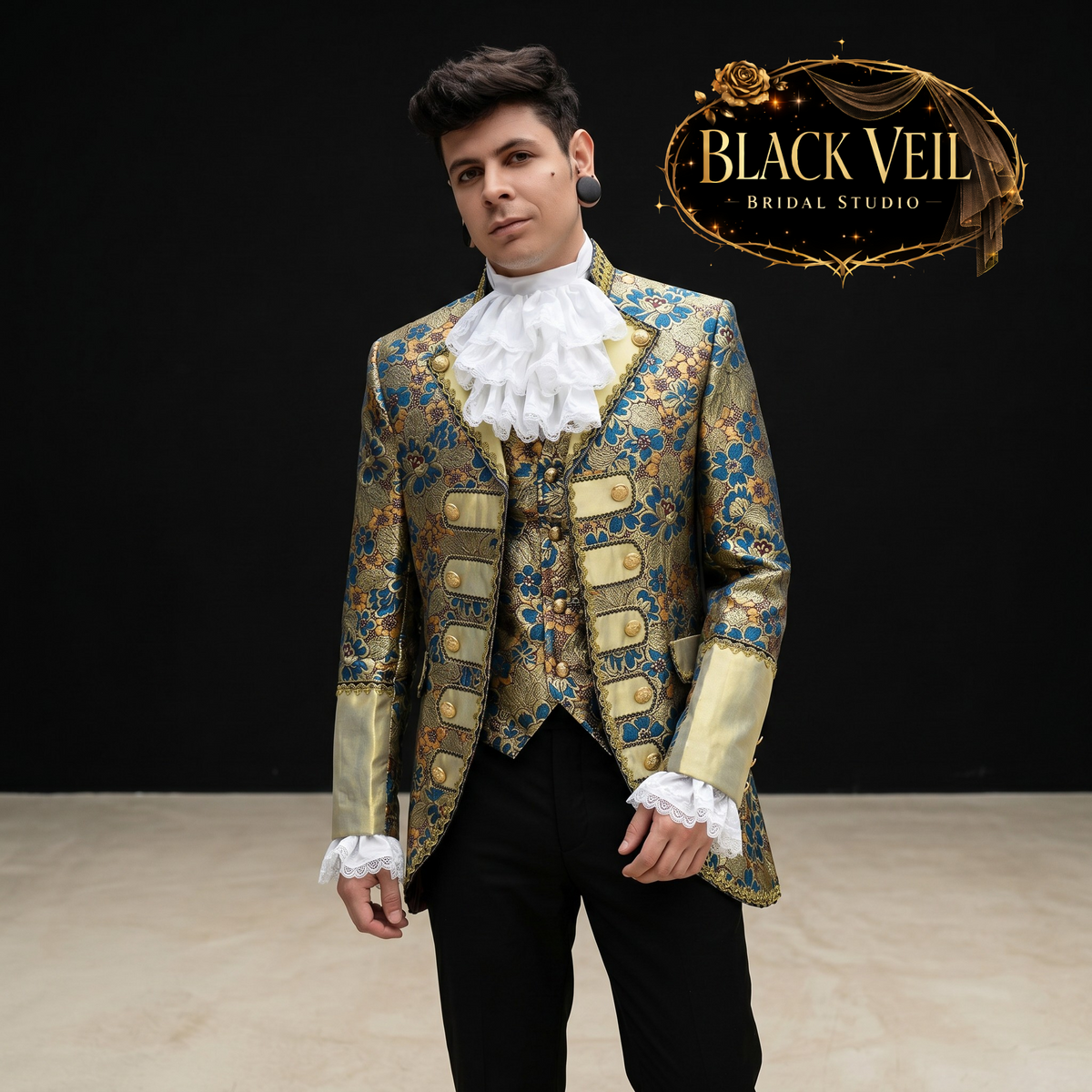 mens bridal dress Royal Renaissance Men's Suit – 3-Piece Gold Brocade Wedding & Formal S – Black Veil CEA BLACK SILK-SATIN BACKLESS Made from original kaftan Size:48m FoundationAndSeasonal