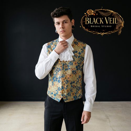 Royal Renaissance Men’s Suit – 3-Piece Gold Brocade Wedding & Formal Set