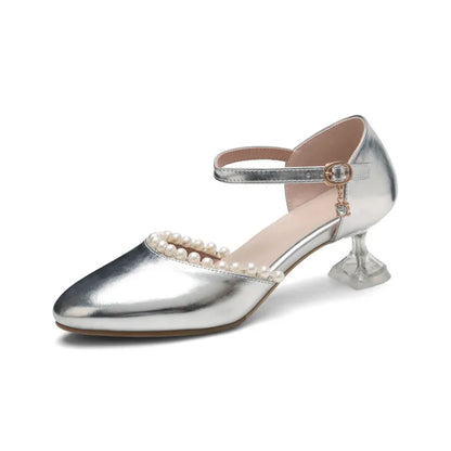Patent Leather Bridal Pumps With Pearls & Transparent Heels