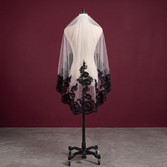 Black Sequined Lace Trimmed Wedding Veil Short With Comb