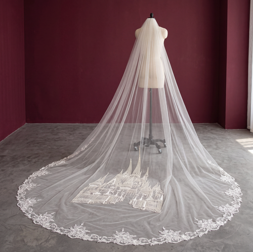 Castle Embroidered Cathedral Length Wedding Veil