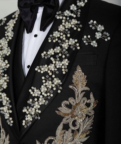 Luxury Black Jeweled 3pc Suit with Gold Embroidery