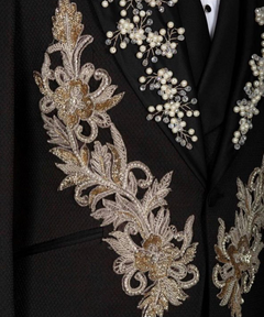 Luxury Black Jeweled 3pc Suit with Gold Embroidery