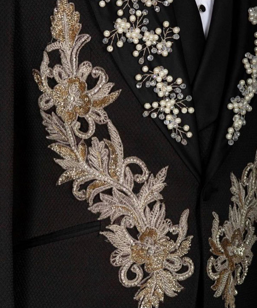 Luxury Black Jeweled 3pc Suit with Gold Embroidery