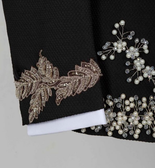 Luxury Black Jeweled 3pc Suit with Gold Embroidery