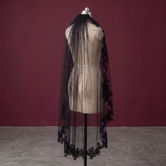 Black Pearls & Lace Wedding Veil With Comb