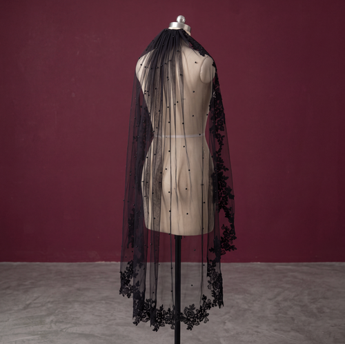 Black Pearls & Lace Wedding Veil With Comb