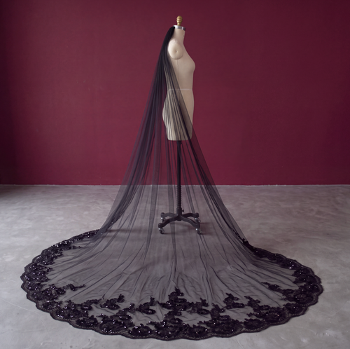 Cathedral Black Wedding Veil With Sequined Lace