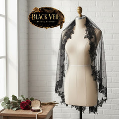 Black Pearls & Lace Wedding Veil With Comb