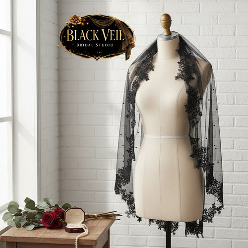 Black Pearls & Lace Wedding Veil With Comb