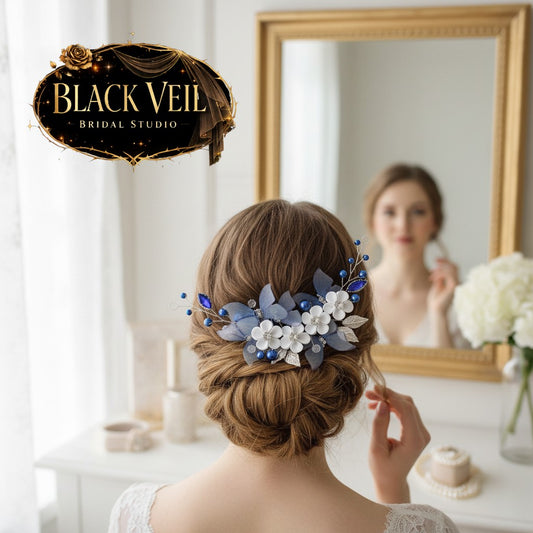 Blue Crystal Butterfly & Flowers Bridal Comb