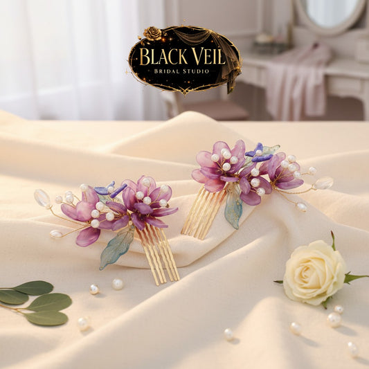 Purple Floral Bridal Hair Combs