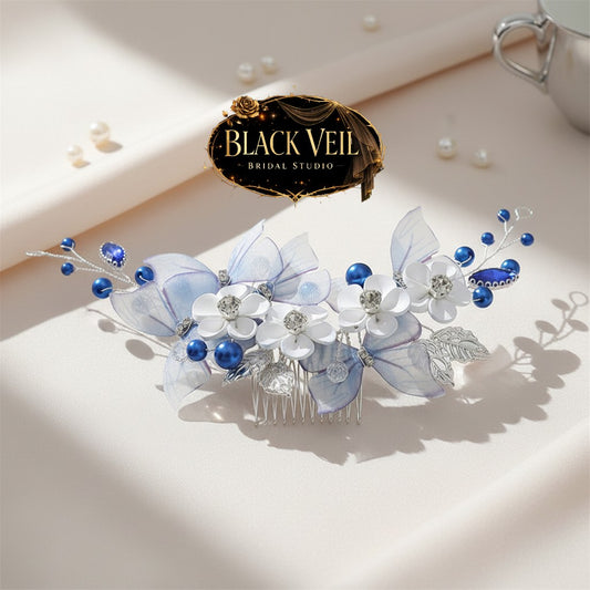 Blue Crystal Butterfly & Flowers Bridal Comb