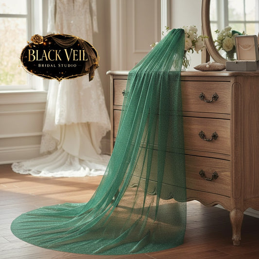 Green & Gold Dust Customized Bridal Veil No Comb
