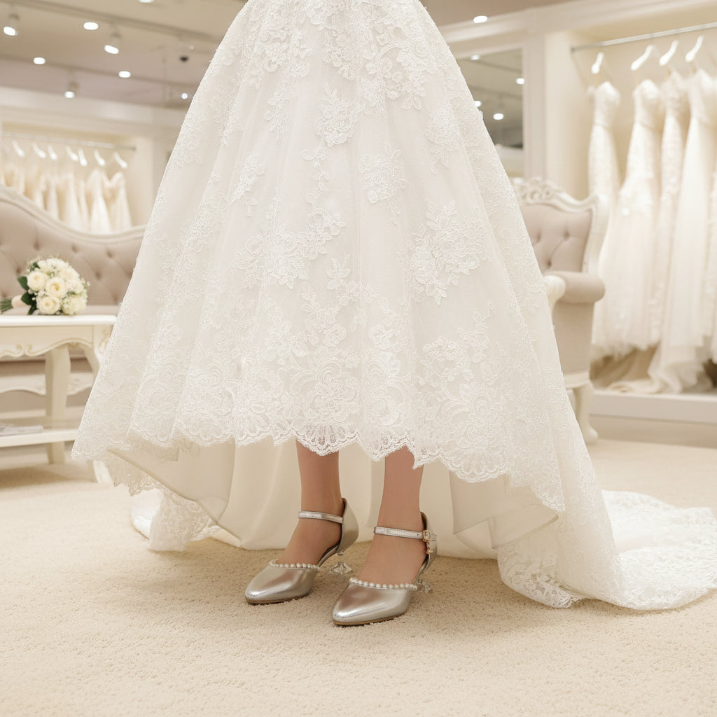 Patent Leather Bridal Pumps With Pearls & Transparent Heels