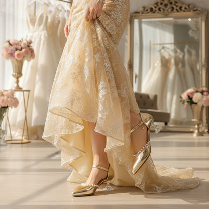 Patent Leather Bridal Pumps With Pearls & Transparent Heels